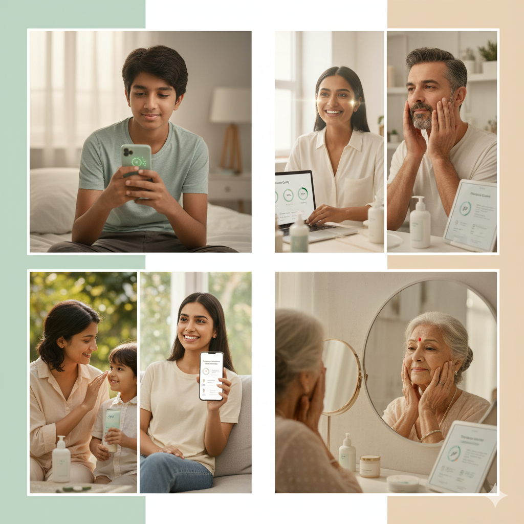 Woman holding personalized skincare products - moisturizer, cleanser, serum, toner, SPF, and care products